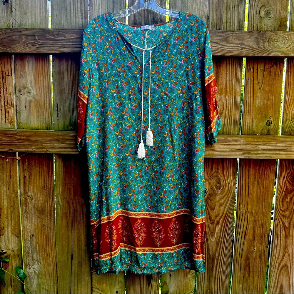 Floral straight line sundress, rich turquoise color with amber accents
